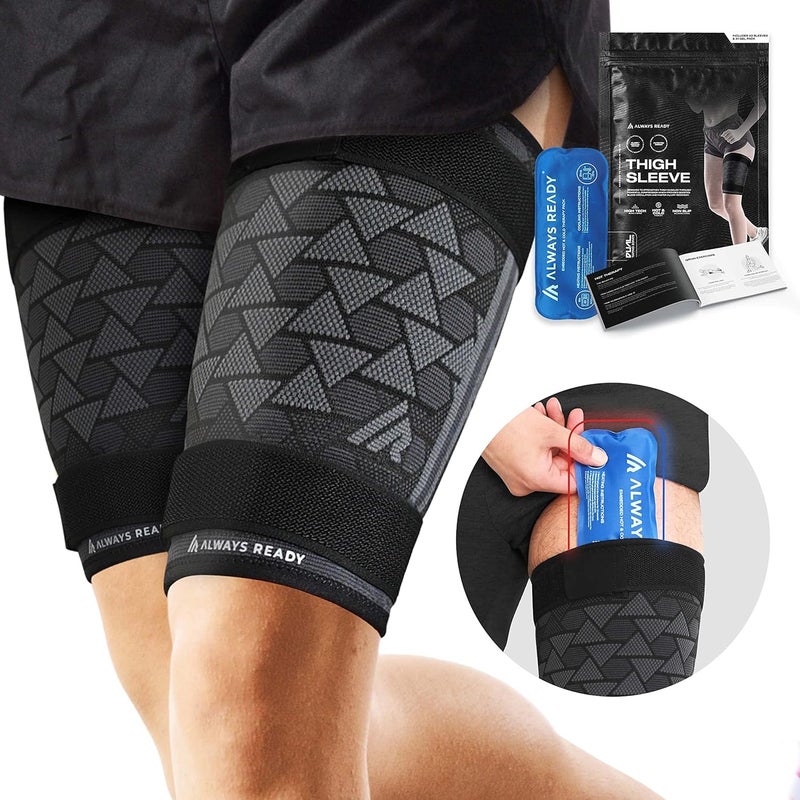 Always Ready , Thigh Compression Support Sleeve (2 Per Pack) with Hot & Cold Gel Pack for Hamstring & Quadricep Muscle Strains & Injury, Men & Women, Two Adjustable Compression Straps, Non-Slip (XL) - Image 1